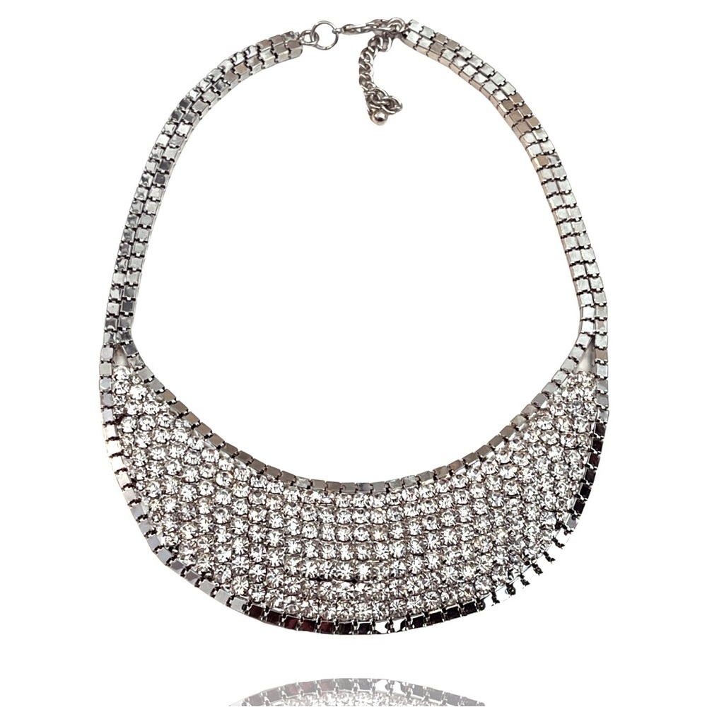 Rhinestone Crystal Choker Bib Style Statement Party Necklace Silver Tone